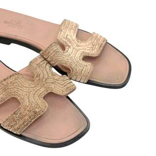 Hermès Oran H Sandals Beige Woven Fabric Slides Size 37
