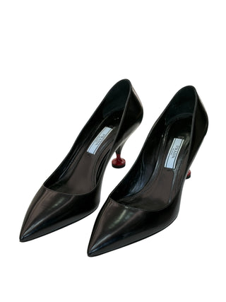 Prada Black Leather Pointed-Toe Kitten Heel Pumps
