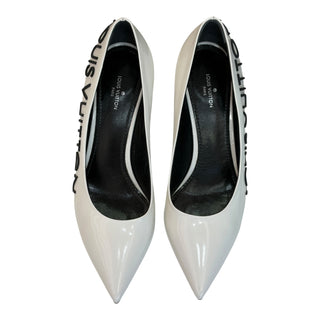 Louis Vuitton LV White Initials Patent Leather Pointed-Toe Pumps Size 36.5