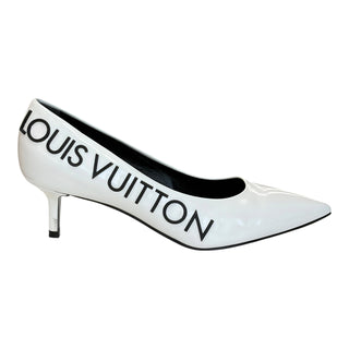 Louis Vuitton LV White Initials Patent Leather Pointed-Toe Pumps Size 36.5