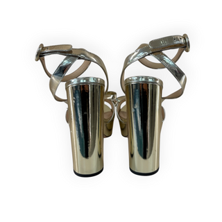 Prada Gold Metallic Leather Bow Platform Block Heel Sandals Size 37.5
