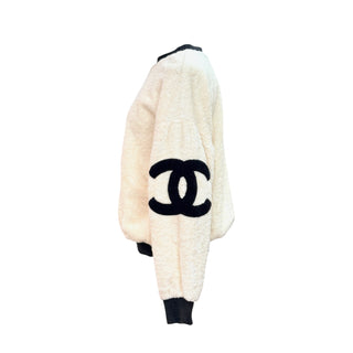 Chanel Ivory Black CC Logo Shearling Teddy Sweatshirt