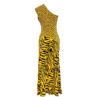 Moschino Cheap & Chic Leopard & Tiger Print One-Shoulder Silk Maxi Dress