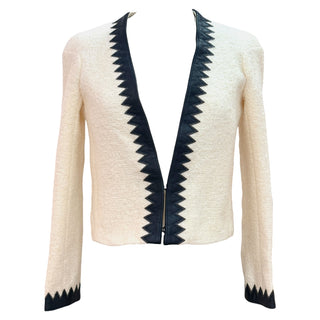 Chanel Ivory Bouclé Jacket with Navy Zigzag Leather Trim