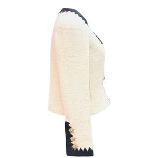 Chanel Ivory Bouclé Jacket with Navy Zigzag Leather Trim