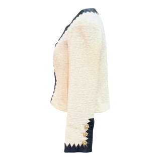 Chanel Ivory Bouclé Jacket with Navy Zigzag Leather Trim