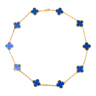 Van Cleef & Arpels Vintage Alhambra 10 Motif Blue Chalcedony 18k Yellow Gold Necklace