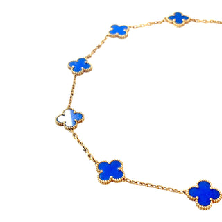 Van Cleef & Arpels Vintage Alhambra 10 Motif Blue Chalcedony 18k Yellow Gold Necklace