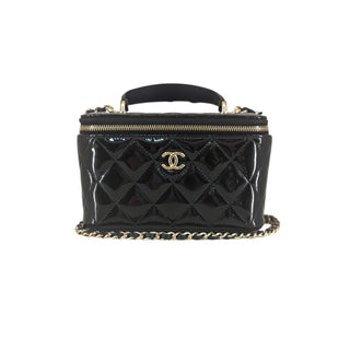 Chanel Black Quilted Patent Leather Small Vanity Case Bag with Gold Hardware