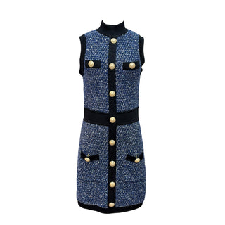 BALMAIN Blue Metallic Tweed Knit Cardigan & Mini Dress Set with Gold Buttons