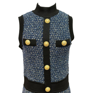 BALMAIN Blue Metallic Tweed Knit Cardigan & Mini Dress Set with Gold Buttons