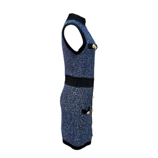 BALMAIN Blue Metallic Tweed Knit Cardigan & Mini Dress Set with Gold Buttons
