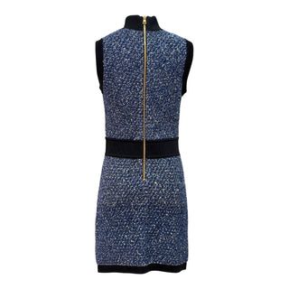 BALMAIN Blue Metallic Tweed Knit Cardigan & Mini Dress Set with Gold Buttons