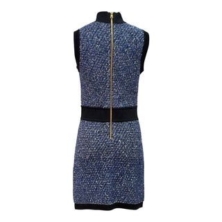 BALMAIN Blue Metallic Tweed Knit Cardigan & Mini Dress Set with Gold Buttons