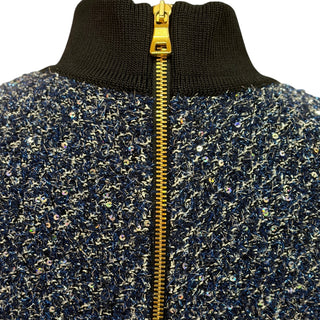 BALMAIN Blue Metallic Tweed Knit Cardigan & Mini Dress Set with Gold Buttons