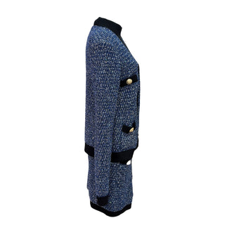 BALMAIN Blue Metallic Tweed Knit Cardigan & Mini Dress Set with Gold Buttons