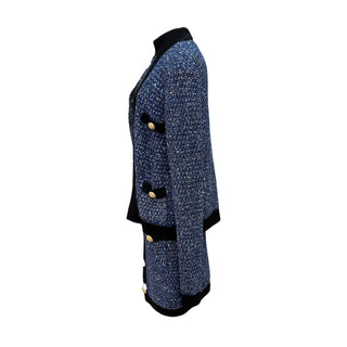 BALMAIN Blue Metallic Tweed Knit Cardigan & Mini Dress Set with Gold Buttons