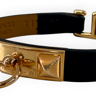 Hermès Black Swift Leather Micro Rivale Bracelet Gold Hardware