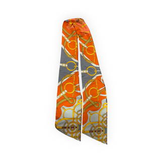 Hermès Orange and Grey Equestrian Print Silk Twilly Scarf