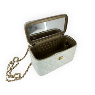 Chanel White Quilted Leather Mini Vanity Case Chain Shoulder Bag Gold Hardware