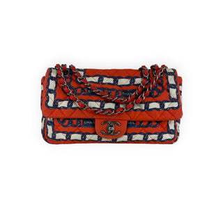 Chanel Red Navy Blue and Cream Quilted Chain Print Fabric Flap Shoulder Bag Silver Hardware
