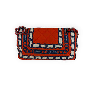Chanel Red Navy Blue and Cream Quilted Chain Print Fabric Flap Shoulder Bag Silver Hardware