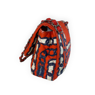 Chanel Red Navy Blue and Cream Quilted Chain Print Fabric Flap Shoulder Bag Silver Hardware