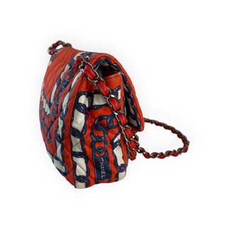 Chanel Red Navy Blue and Cream Quilted Chain Print Fabric Flap Shoulder Bag Silver Hardware