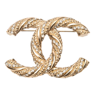 Chanel Crystal Embellished Gold-Tone CC Logo Brooch