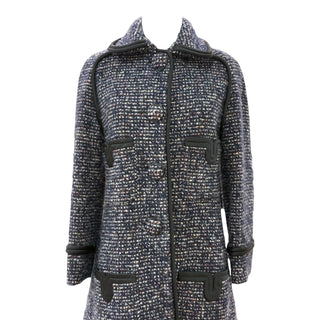 Chanel Navy Multicolour Tweed Coat with Black Trim