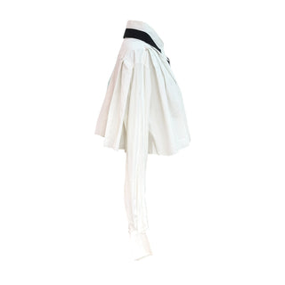 Chanel White Pleated Cape Cropped Blouse with Black Ribbon Tie