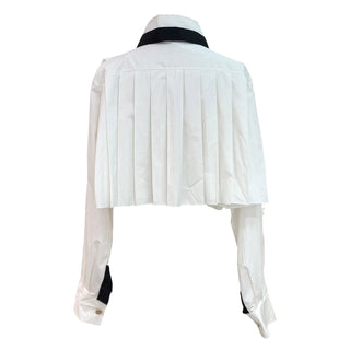 Chanel White Pleated Cape Cropped Blouse with Black Ribbon Tie