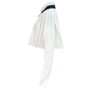 Chanel White Pleated Cape Cropped Blouse with Black Ribbon Tie