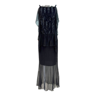 Chanel Black Silk Sequinned Sheer Draped Evening Gown
