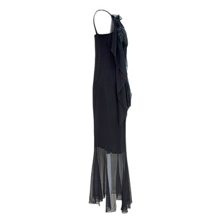 Chanel Black Silk Sequinned Sheer Draped Evening Gown