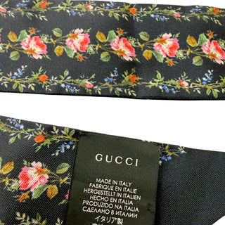 Gucci Black Floral Rose Print Silk Twilly Scarf