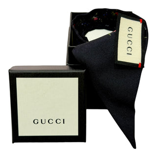Gucci Black Floral Rose Print Silk Twilly Scarf