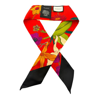 Gucci Red Multicolour Floral Print Silk Twilly Scarf with Box