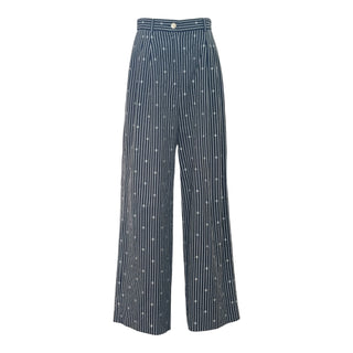 Chanel Navy Striped Wide-Leg Trousers with CC Motif