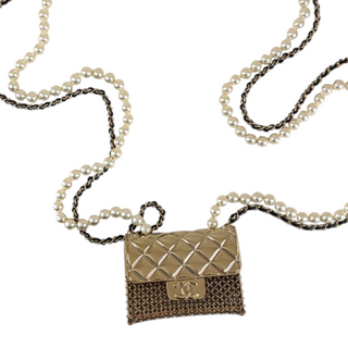 Chanel Gold-Tone Faux Pearl Mini Flap Bag Pendant Long Necklace