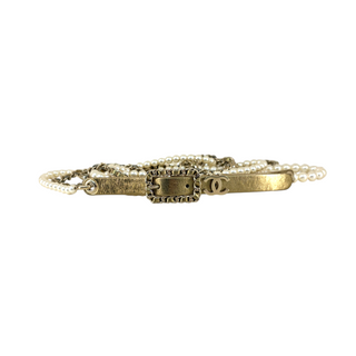 Chanel Gold Metallic Leather CC Logo Faux Pearl Chain Belt