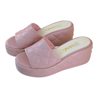 Chanel Light Pink Quilted Lambskin Platform Slide Sandals