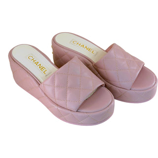 Chanel Light Pink Quilted Lambskin Platform Slide Sandals