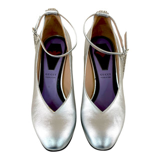 Gucci Silver Leather Crystal Heel Ankle Strap Pumps