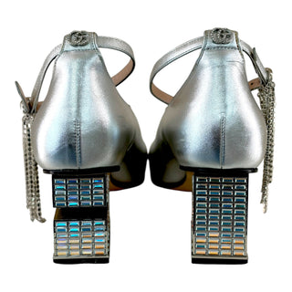 Gucci Silver Leather Crystal Heel Ankle Strap Pumps