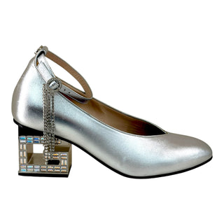 Gucci Silver Leather Crystal Heel Ankle Strap Pumps