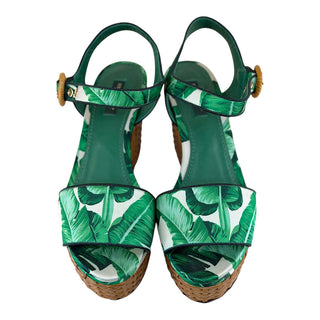Dolce & Gabbana Green Tropical Leaf Print Platform Wedge Sandals