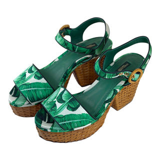Dolce & Gabbana Green Tropical Leaf Print Platform Wedge Sandals