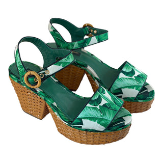 Dolce & Gabbana Green Tropical Leaf Print Platform Wedge Sandals