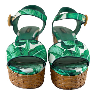 Dolce & Gabbana Green Tropical Leaf Print Platform Wedge Sandals